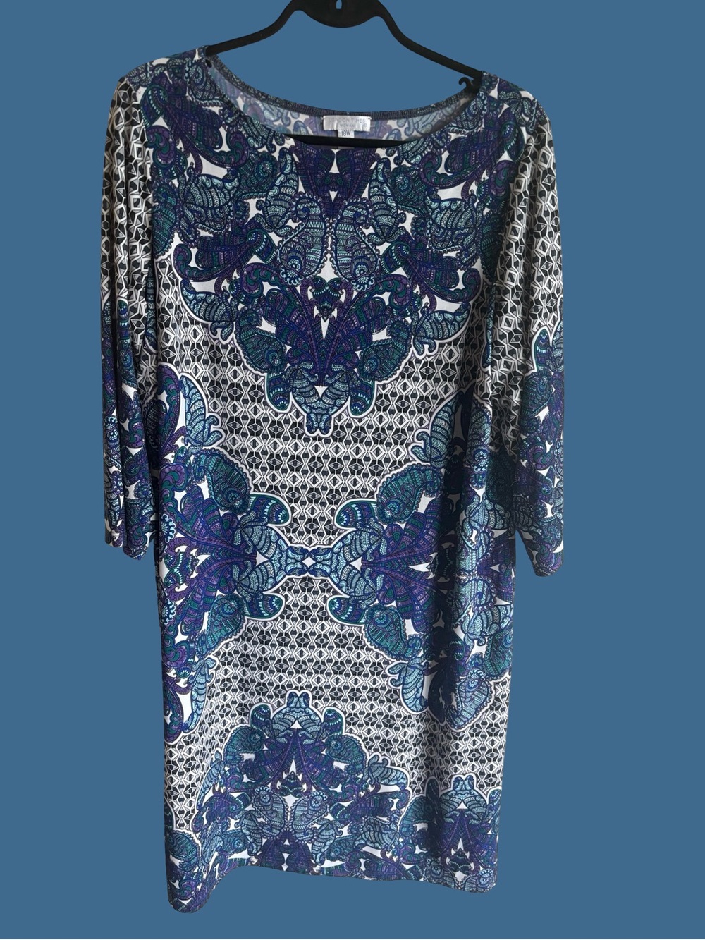 London Times Blue & White Printed Scoop Neck stretch dress
